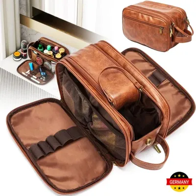 Produktbild von Kulturbeutel Kunstleder, Kulturbeutel Leder für Herren große wasserdichte Reise-Kulturtasche, Bade Kosmetiktasche mit einem Nass-Trockenbeutel