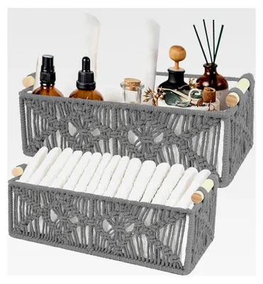 Produktbild von 2 Stück Makramee Aufbewahrungskörbe, Geflochtene Aufbewahrungskörbe in Grau mit Holzgriff, Handgemachte Deko Körbe für Badezimmer, Schlafzimmer und Kinderzimmer