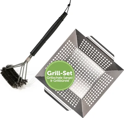 Produktbild von Blumtal Grillbürste Edelstahl & Grillschale (Large) Edelstahl Set - Grillreiniger Gasgrill Grillbürsten – Grillkorb 29,5 x 29,5 x 6 cm