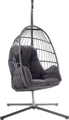 A gray hanging egg chair with a cushion, shown on a white background.