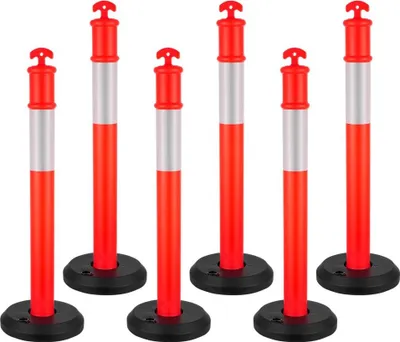 Obrázok produktu pre 6 výstražných stĺpikov (114 cm) s vyplniteľnou základňou a reflexnými pásmi - výstražné stĺpiky na staveniská a parkoviská - zábrany na kontrolu davu v červenej farbe