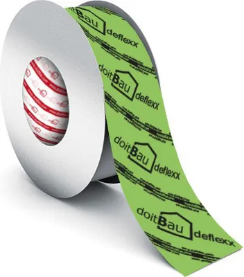 A roll of green tape with black text and logos, partially unrolled.