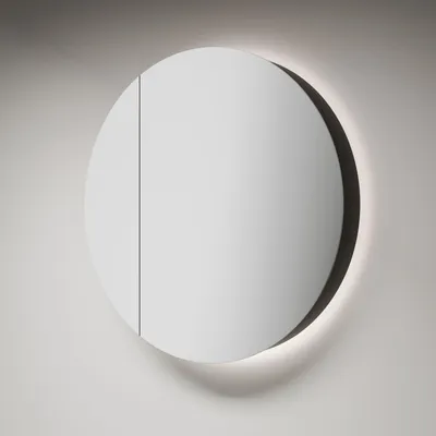 Produktbild von LED Spiegelschrank 60 cm, rund, Alukorpus schwarz, 2 Ablageflächen, IP24