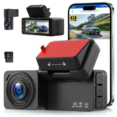 Immagine prodotto di Dashcam 4K con GPS, doppia fotocamera, schermo da 3,16 pollici, visione notturna, sensore G, inclusa scheda di memoria da 64 GB