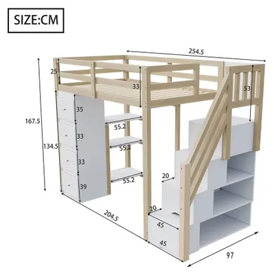 Productafbeelding van Hoogslaper met opbergruimte - Stapelbed - 90 x 200 cm - Opbergladen - Kledingkast - Planken - Veiligheidsladder - Natuur/Wit