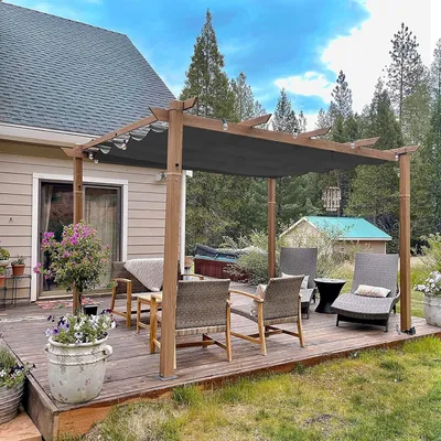 Produktbild von PURPLE LEAF Pergola 3 x 4 m Holzoptik Terrassenüberdachung Rostfreier Aluminium Pavillon mit Einziehbarem Dach Freistehend mit Markisenschutz, Grau