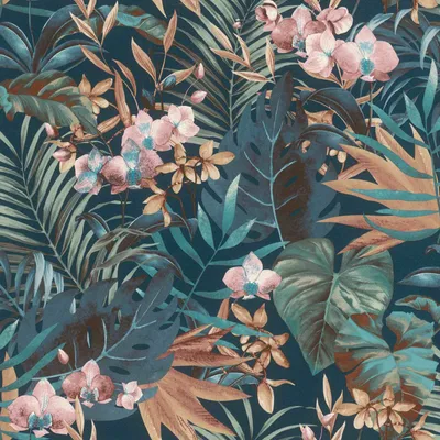 Productafbeelding van Vliesbehang 833133, patroon: Botanische jungle, afmetingen: 53 x 1005 cm, collectie: Rasch Selection, kleuren: roze, bruin, blauw
