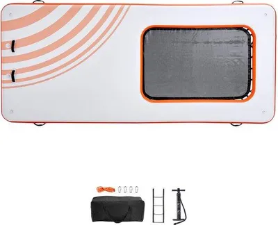 Immagine prodotto di Piattaforma galleggiante gonfiabile, dimensioni 4,57 x 1,98 m, con superficie antiscivolo. Rete da trampolino per piscina, dimensioni 1,21 x 1,82 m. Zaino portatile e scaletta rimovibile per piscina, ideale per il relax in spiaggia.