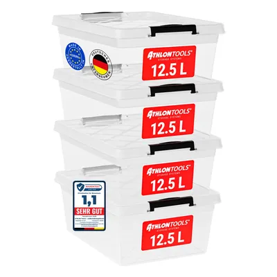 Produktbild von ATHLON TOOLS 4x 12.5 L Aufbewahrungsboxen mit Deckel, lebensmittelecht - Verschlussclips - 100% Neumaterial Plastik-Box transparent