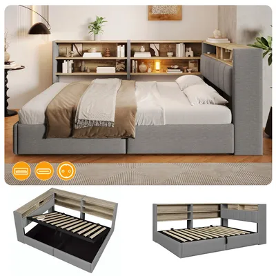 Zdjęcie produktu dla Sofa rozkładane, 140 x 200 cm, z podnoszeniem hydraulicznym, gniazdkiem elektrycznym, szafką boczną, którą można zamontować po lewej lub prawej stronie, z portem USB, oraz listwą LED