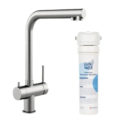 Produktbild von Living Water Wasserfilteranlage, Untertisch-Wasserfilter-Wasserhahn mit 3-Wege-Edelstahl mit L-Auslauf Hochdruck | gebürstet