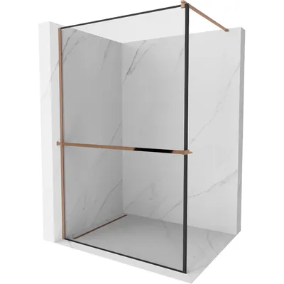 Obrázek produktu pro Mexen Kioto+ sprchová zástěna s poličkou a kolejnicí 140 x 200 cm, Průhledné/Černý vzor 8 mm Zlatorůžová - 800-140-121-60-70