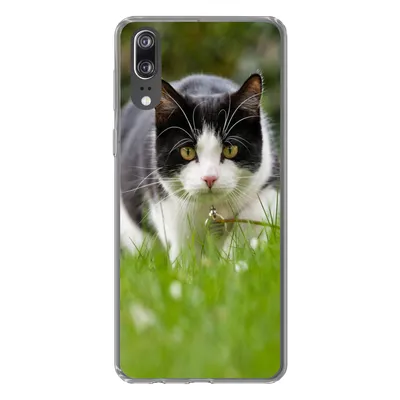 Produktbild von MuchoWow® Handyhülle Schutzhülle Hülle für Huawei P20 Katze - Gras - Schwarz - Weiß - Mädchen - Kinder - Jungen - Kinder Silikon Softcase Handy Hülle - Hardcover