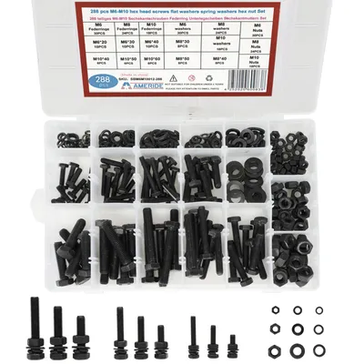 Produktbild von 288 Stück M6 M8 M10 Sechskant Schrauben Set Muttern und Unterlegscheiben Kohlenstoffstahl Schwarz