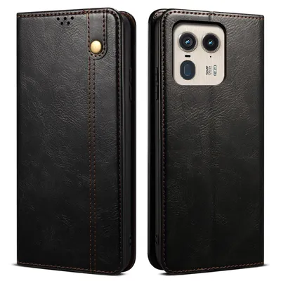 A black leather flip case for a smartphone is shown from two angles.