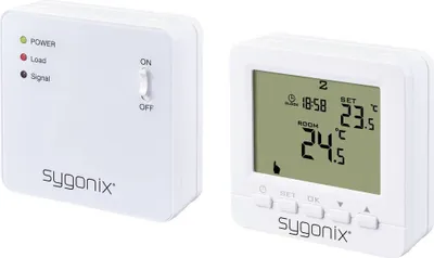 Two white electronic devices, likely a thermostat and its receiver, are shown against a white background.