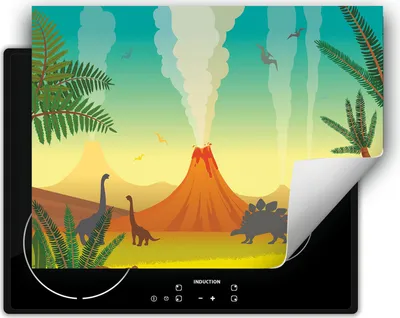Produktbild von DarHaus Herdabdeckplatte 80x52 cm Anti Rutsch Matte Aufrollbar, Dinosaurier - bunt