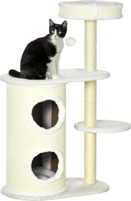 Produktbild von Kratzbaum 100Cm Mit Kratztonne, Sisalsäule & Spielball, Kissen, Cremeweiß
