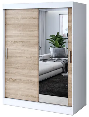 Zdjęcie produktu dla Szafa przesuwna - 150x200cm - Biały Mat / Dąb Sonoma - Szafa przesuwna HUGO - z lustrem- do sypialni i garderoby