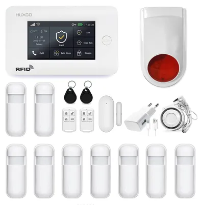 Immagine prodotto di HUXGO HXA006 Sistema di allarme wireless con 9 rilevatori di movimento + sirena wireless aggiuntiva, Due moduli: WLAN + GSM TUYA Applicazione intelligente Notifiche via SMS Controllo via telefono Lingua TEDESCO