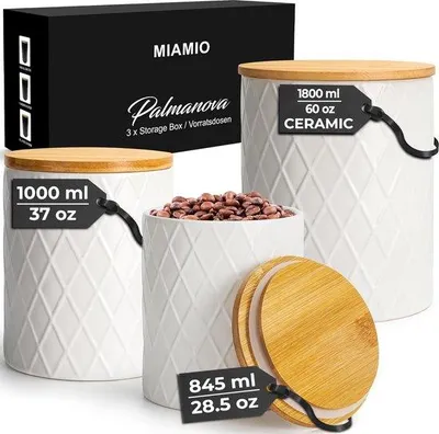 Produktbild von Famanu Set von 3 Vorratsdosen für die Küche, keramische Dosen mit Bambusdeckel - ideal für Kaffee, Tee, Zucker