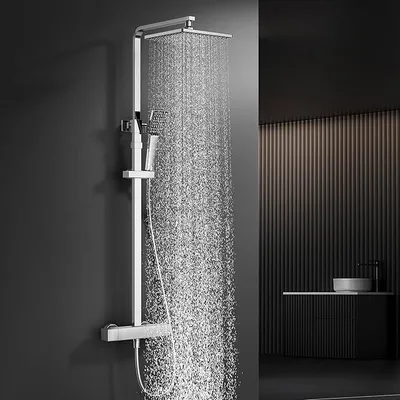 Produktbild von Duschsystem mit Thermostat Chrom,Duscharmatur Komplettset | Duscharmatur Edelstahl Regendusche mit Armatur,Verstellbarer Duschstange, Duschset