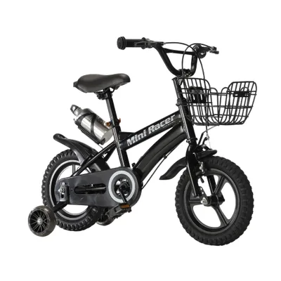 Zdjęcie produktu dla Czarny rower dziecięcy Buxibo Mini Racer 12 cali z kółkami treningowymi - regulowane siodełko, kierownica, schowek, idealny dla dzieci w wieku 2-4 lat