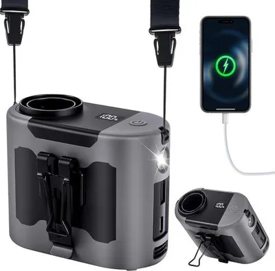 Zdjęcie produktu dla Ręczny wentylator na szyję, 5 prędkości, 16 000 obr./min, lampka LED, 14 800 mAh, 40 godzin pracy, z możliwością ładowania, idealny do prac budowlanych, ogrodniczych, na kempingu i w podróży, kolor szary