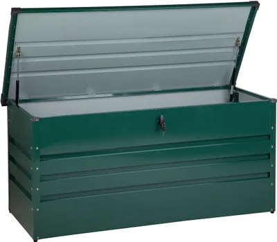 Produktbild von BELIANI Gartentruhe Dunkelgrün Metall 400 L 132 x 62 cm Wasserdicht Abschließbar mit Deckel Garten Aufbewahrungsbox Gartenbox Kissenbox Auflagenbox