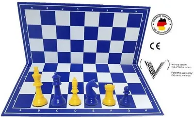 Produktbild von Schachset "Profi" mit Schachbrett und Schachfiguren KH 93 mm, gelb-blau, Staunton Form, mit Filzsockel