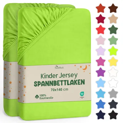 Produktbild von NatureMark Kinder Spannbettlaken 70x140 cm – Weiches Jersey, 100% Baumwolle, 2er Set für Babybett und Kinderbett, Apfel Grün