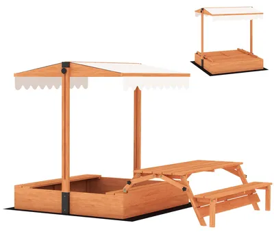 Produktbild von Sandkasten mit Dach Sandkiste aus Holz mit klappbarem Picknicktisch Sitzbänken für 3-8 Jahre 184 x 110 x 120 cm Braun