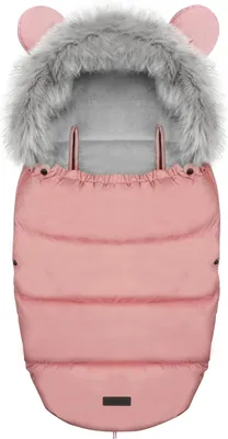 A pink baby sleeping bag with a grey faux fur hood and bear ears.