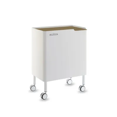 A white trash can with a brown lid and wheels, isolated on a white background.