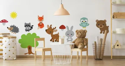 Produktbild von Muralo Wandsticker Waldtiere Baum und Sonnenschein 75 x 150 cm Wandtattoo Wanddeko Aufkleber Set Kinderzimmer XXL