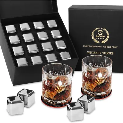Produktbild von Edelstahl Eiswürfel Wiederverwendbare Whisky Steine 16 Stück Set mit Untersetzern und Aufbewahrungsboxen
