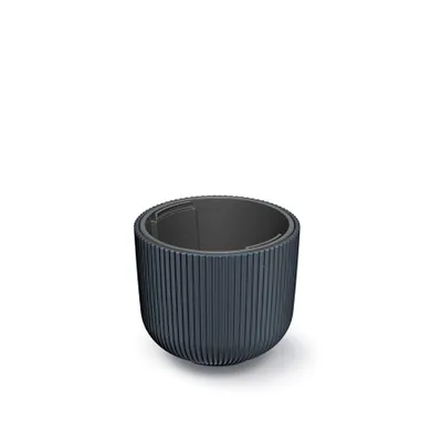 A dark gray planter pot with a ribbed exterior and a lighter gray interior, shown from a slightly elevated angle against a white background.