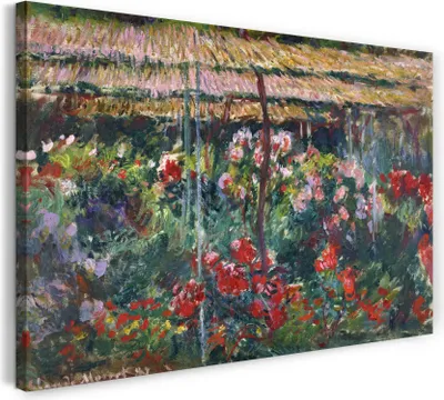 Produktbild von Leinwandbild (80x60cm): Claude Monet - Pfingstrosen-Garten, echter Holz-Keilrahmen inkl. Aufhänger, handgefertigt in Deutschland
