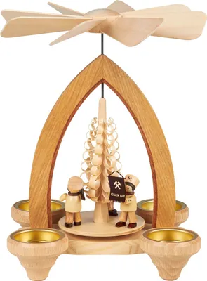 Diese Teelichtpyramide zeigt einen Bergmannszug aus Holzfiguren die um einen Baum angeordnet sind und von einem hölzernen Bogen mit einem Flügelrad überragt werden das durch die Wärme der Teelichter angetrieben wird