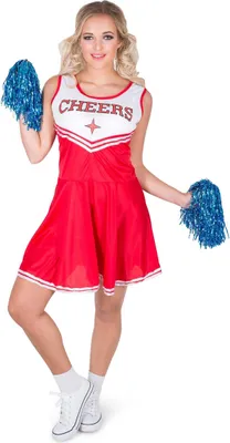 A woman in a cheerleader costume holding pom-poms.