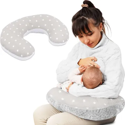 Produktbild von Stillkissen klein Stillhörnchen kleines Still Kissen Baby Lagerungskissen Nursing Breastfeeding Pillow für unterwegs hellgrau Minky/graue Baumwolle mit Sternen