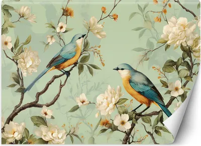 Zdjęcie produktu dla Fototapeta filzelinowa Ptaki Kwiaty Chinoiserie 300x210 cm Feeby Zielony klej w zestawie łatwa w montażu