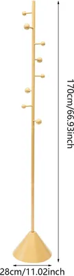 Zdjęcie produktu dla Wieszak na ubrania – wolnostojący wieszak na ubrania – metalowy – 8 haczyków – 28 x 170 cm – wymaga montażu – żółty