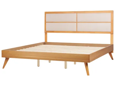 Produktbild von BELIANI Bett Braune Esche MDF-Platte Holzoptik mit Lattenrost 180 x 200 cm Hohes Kopfteil mit Beiger Polsterung Klassisch Schlafzimmer Doppelbett
