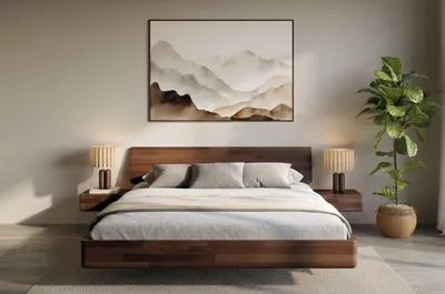 Produktbild von Schwebebett aus massivem Buchenholz Visby LENA mit Nachttischen, 180x200 cm, Farbe Nussbaum