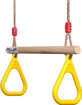 A pair of yellow gymnastic rings hanging from a wooden bar, suspended by ropes.