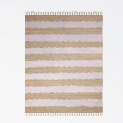 Obrázek produktu pro MY-RUG Patchworkový koberec, Aarav, 170x120, Chindi koberec béžovobílý, vyrobený z recyklovaných bavlněných zbytků, ručně tkaný, oboustranný, s třásněmi, obdélníkový tvar