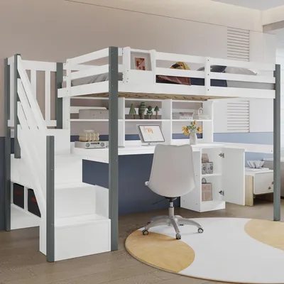 Produktbild von Halbhohes Bett, Mit Stoff-Aufbewahrungsbox, Reichlich Stauraum, Mit seitlicher Leiter, Offenes Regal, Jugendbett mit Schreibtisch und Schließfächern