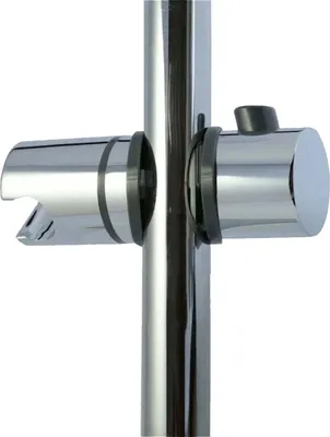 A close-up of a chrome shower slide holder attached to a shower rail.
