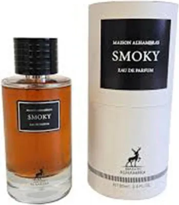 A bottle of Maison Alhambra Smoky Eau de Parfum and its cylindrical packaging are shown against a white background.